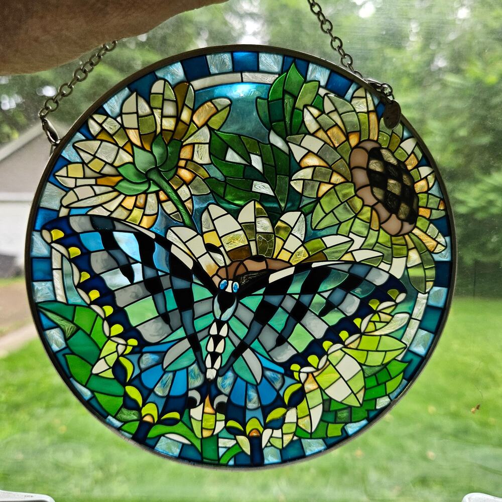 Amia Butterfly & Sunflower Stained Glass Suncatcher 6.5" Round Window Panel